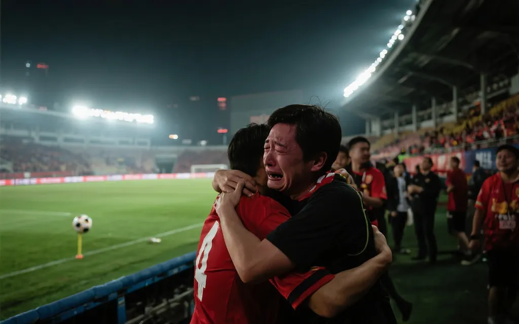 终场哨后球迷拥抱与泪光的纪实氛围